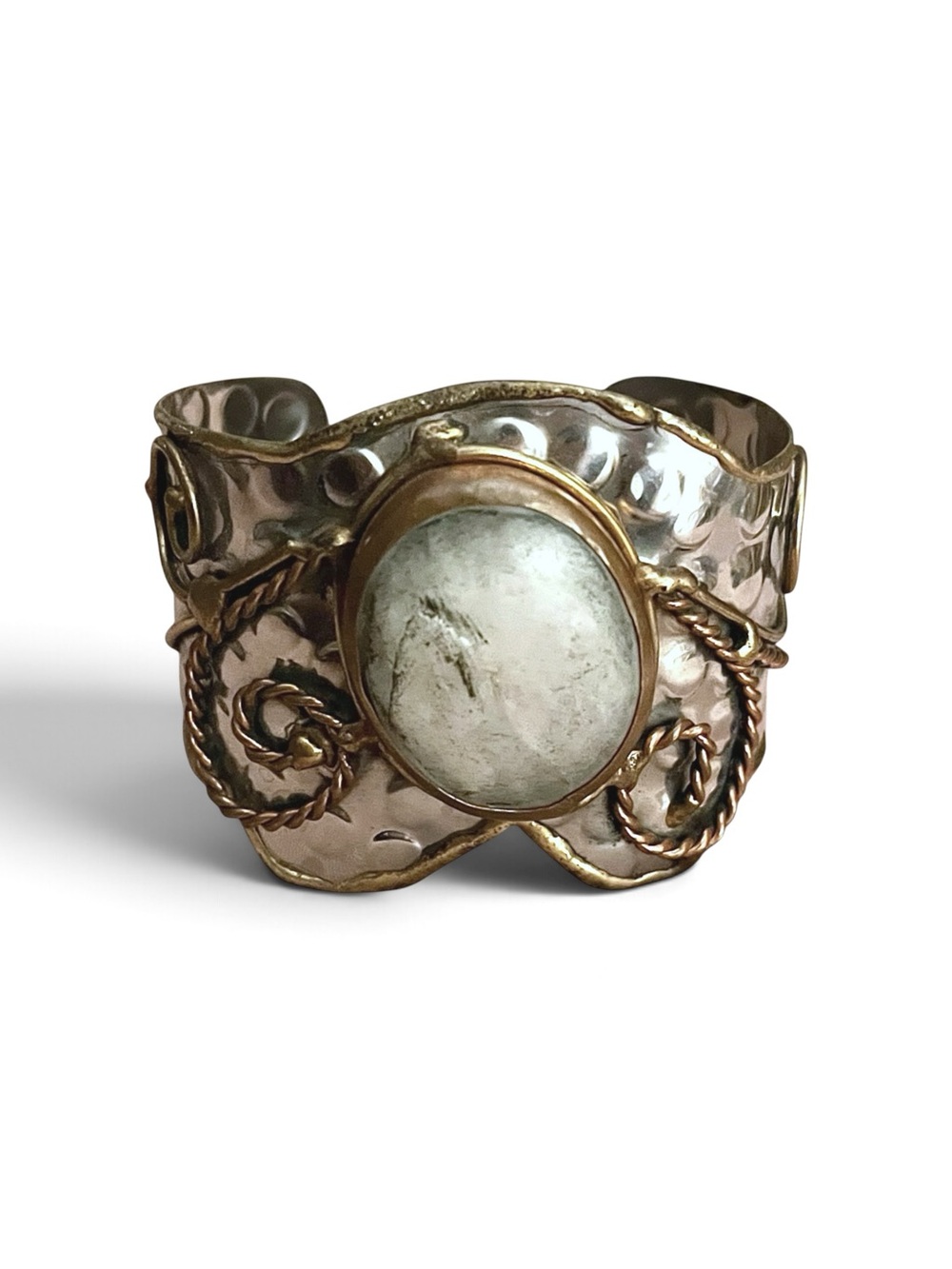 Hammered Silver, Copper, and Gold-Tone Cable Cuff Bracelet with Light Gray Stone